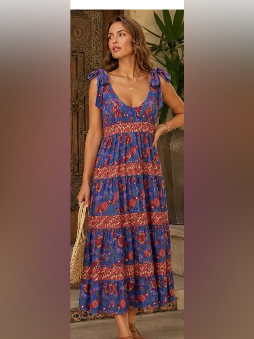 House of Harlow 1960 Tahiti Parrot Print Tiered Midi Dress Size L